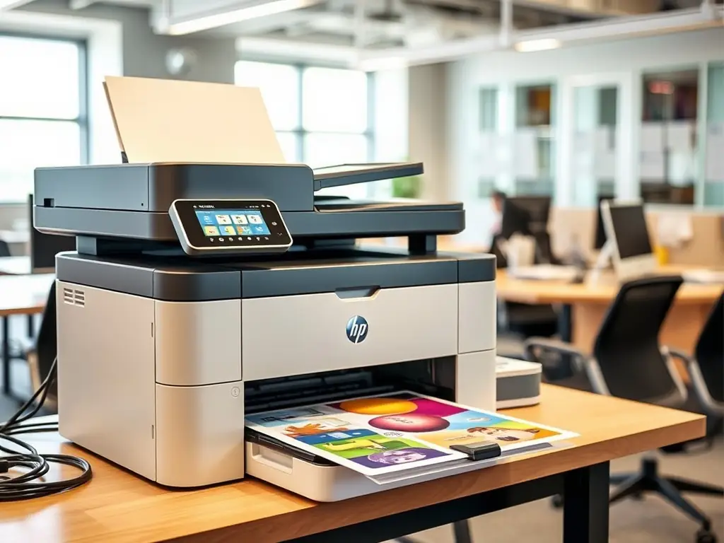 A professional-grade laser printer in an office setting, printing a stack of documents quickly. The image emphasizes speed and efficiency.